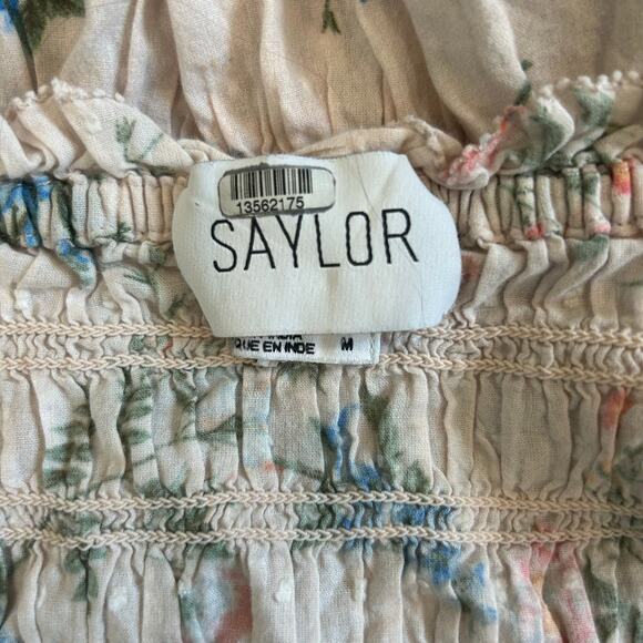 Saylor Clover Blouse Cream Multi Floral Smocked Peplum Cottage Chic Size M - Picture 6 of 7